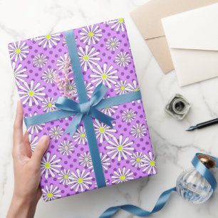 Papel De Presente Flores brancas margaridas sobre fundo bolinhas
