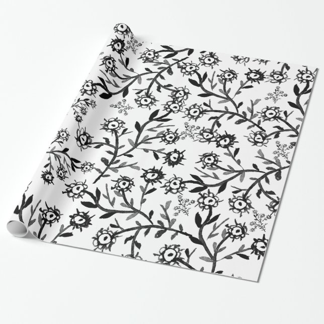 Papel De Presente Flores brancas pretas tiradas mão da aguarela (Desenrolado)