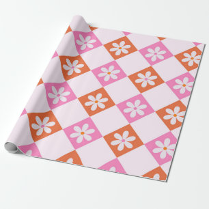 Papel De Presente Flores Brancas Retro em Diamantes Laranja e Rosa