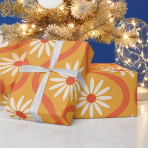 Papel De Presente Flores Brancas Retro em Ogee Laranja de Meados do