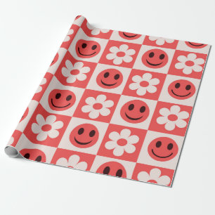 Papel De Presente Flores Brancas Xadrez e Rostos Sorridente Vermelho