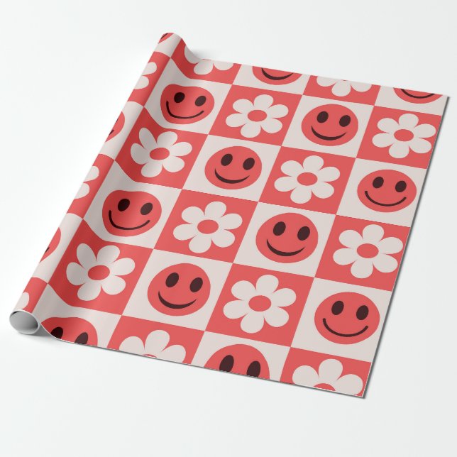 Papel De Presente Flores Brancas Xadrez e Rostos Sorridente Vermelho (Desenrolado)