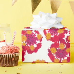 Papel De Presente Flores Brilhantes de Lantana em Rosa, Laranja e Ve