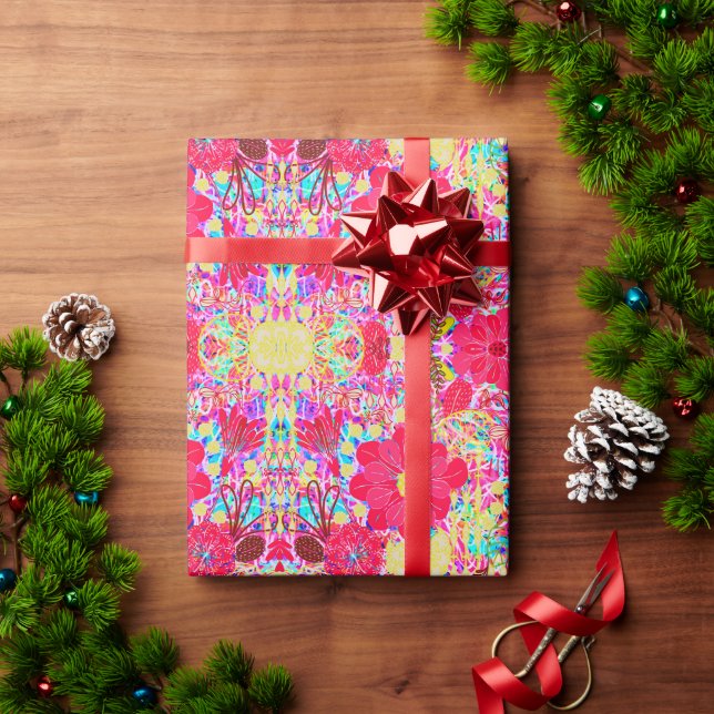 Papel De Presente Flores coloridas brilhantes e fofas (Presente de Natal)