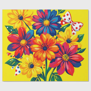 Papel De Presente Flores Coloridas e Ousadas Buquê Pop Art Bolinhas