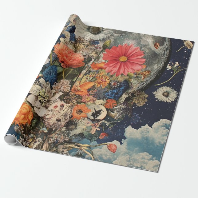 Papel De Presente Flores Coloridas Sob Lua Cheia (Desenrolado)