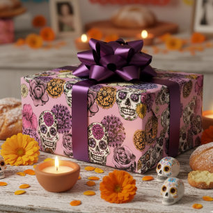 Papel De Presente Flores Coloridos Crânios de Açúcar Desenhados à Mã