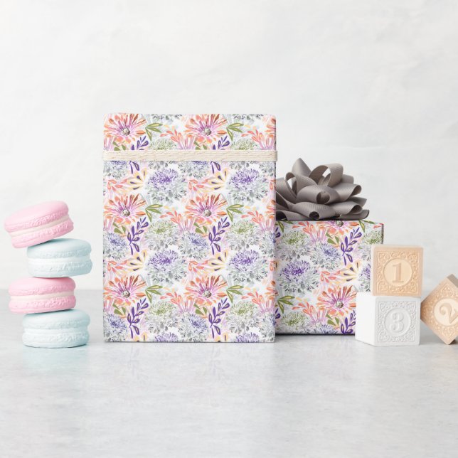 Papel De Presente Flores cor de água branca, rosa (Chá de bebê)