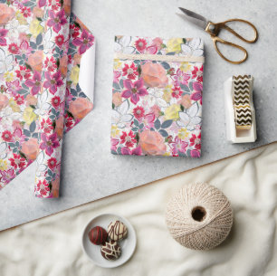 Papel De Presente Flores cor-de-água, cor-de-rosa.