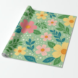 Papel De Presente Flores Cor-de-Rosa e Amarelas com Folhas Verdes e