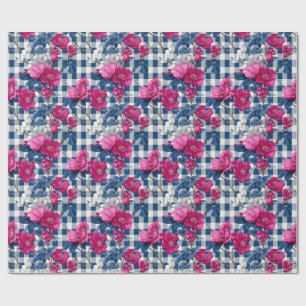Papel De Presente Flores Cor-de-rosa e azuis Decoupage Gingham Preto