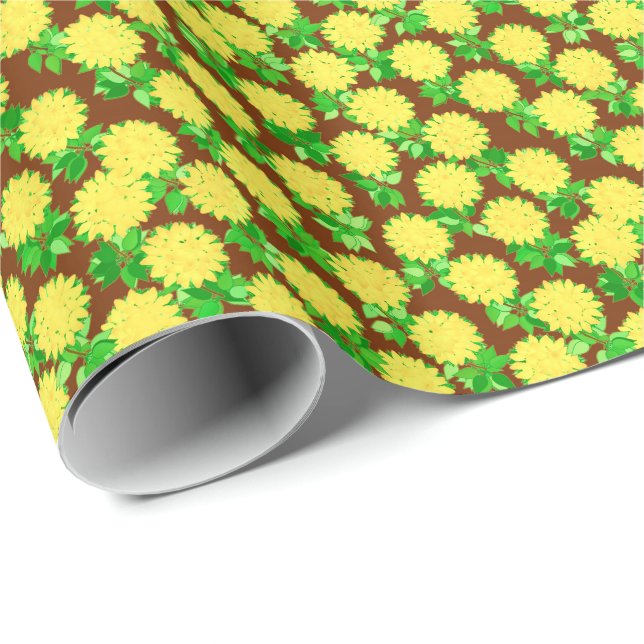 Papel De Presente Flores dahlia em amarelo e chocolate (Ponta do rolo)