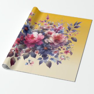 Papel De Presente Flores de Abstrato de Aquarela Azul Rosa Douradas