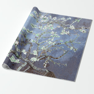 Papel De Presente Flores de Amendoeira de Vincent Van Gogh Azul Aço