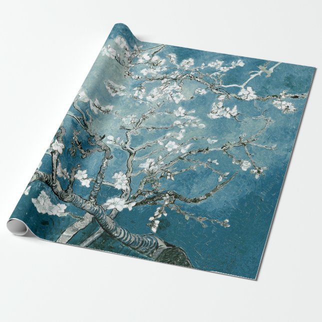 Papel De Presente Flores de Amendoeira de Vincent Van Gogh Azul Turq (Desenrolado)