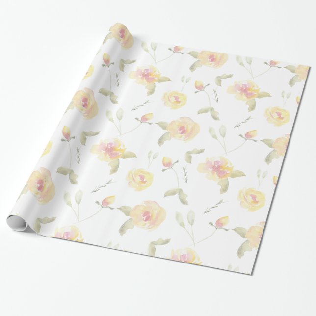 Papel De Presente Flores de Aquarela Amarelo Limão Chá de Noiva (Desenrolado)