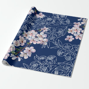 Papel De Presente Flores de aquarela cereja com gráfico de ramificaç