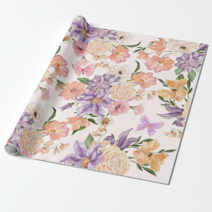 Papel De Presente Flores de aquarela e borboletas wildflower rosa