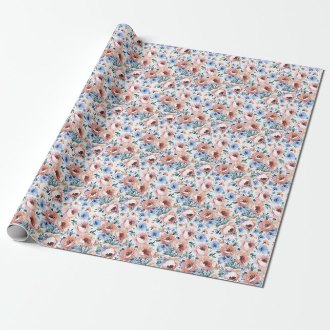 Papel De Presente Flores de aquarela, ilustração uniforme de padrões (Desenrolado)