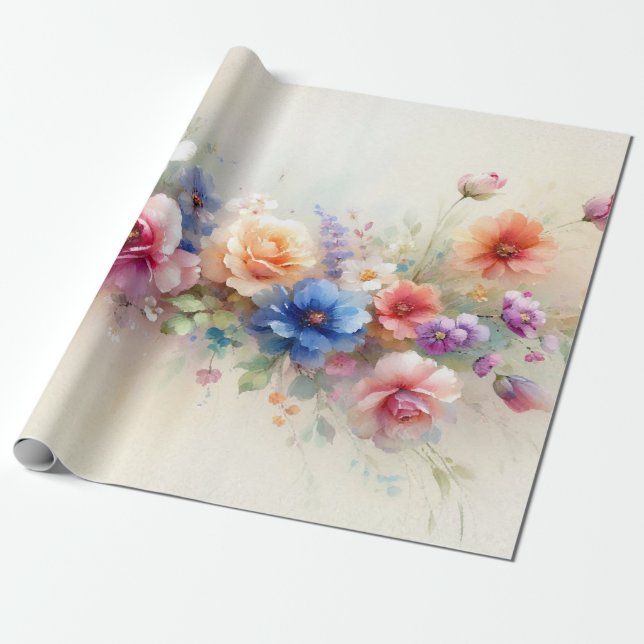 Papel De Presente Flores de Aquarela Modelo Elegante Moderno Present (Desenrolado)