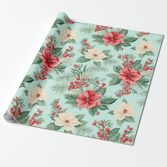 Papel De Presente Flores de Aquarelas de Natal Branco e Vermelho em  (Desenrolado)