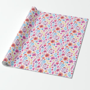 Papel De Presente Flores de Arte Abstrato em Rosa Azul Laranja Verme