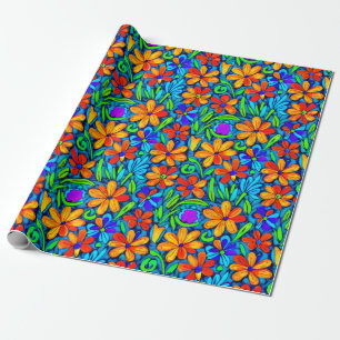 Papel De Presente Flores de Arte Folclórica Brilhantes