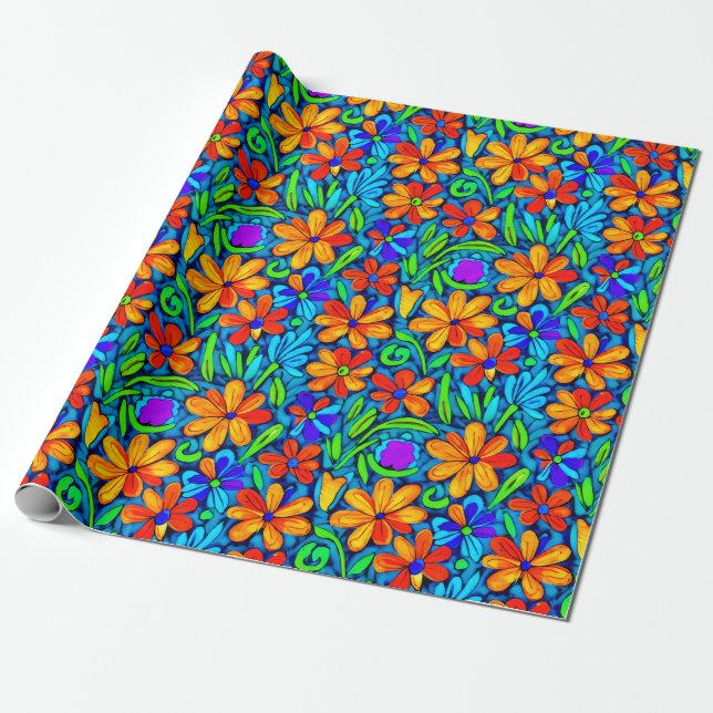 Papel De Presente Flores de Arte Folclórica Brilhantes (Desenrolado)