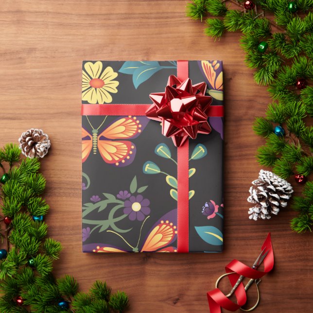 Papel De Presente Flores de Arte Folclórica e Borboletas (Presente de Natal)