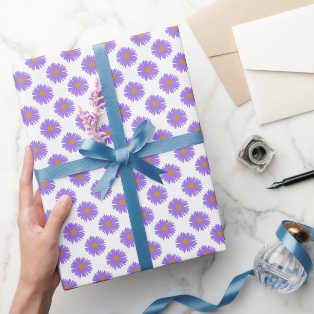 Papel De Presente Flores de Áster Roxo desenho à mão em acrílico (Presentear)