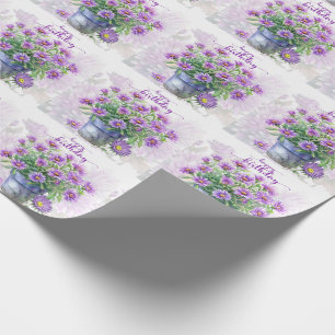 Papel De Presente Flores de Aster Roxo em um Feliz Aniversário de Po
