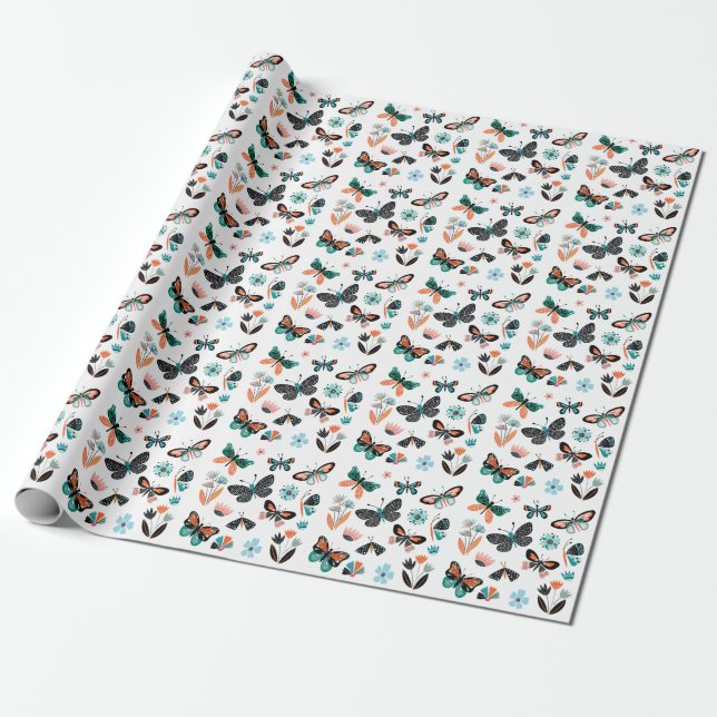 Papel De Presente Flores de Borboletas: Coleção Desenhada Mão (Desenrolado)