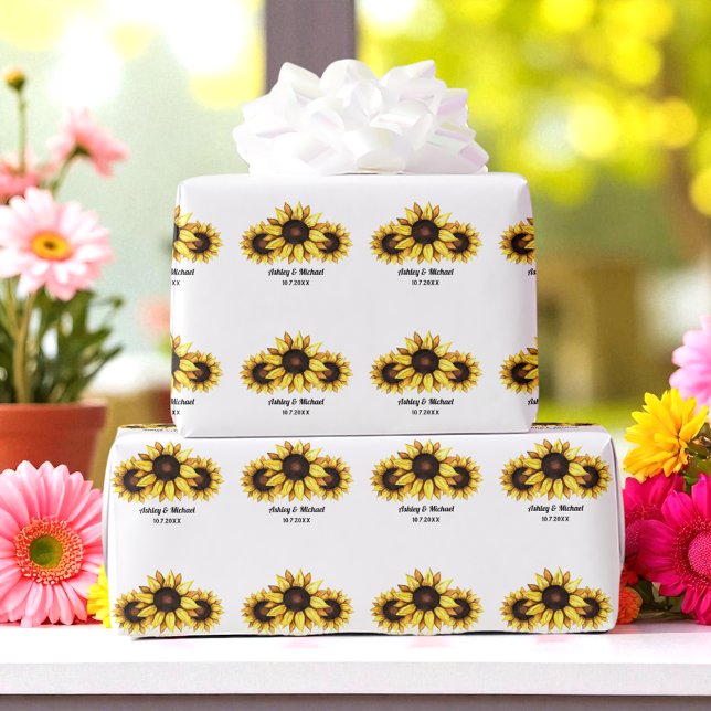 Papel De Presente Flores de Casamento de Girassol Amarelo Branco (Criador carregado)
