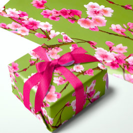 Papel De Presente Flores de Cerejeira Rosa em Verde Chartreuse