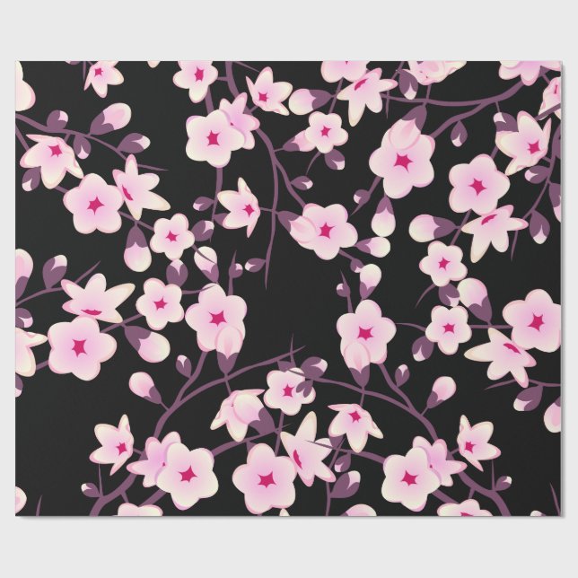 Papel De Presente Flores de Cerejeira Rosa Preto (Aberto)