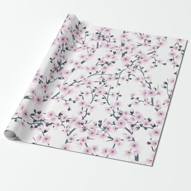 Papel De Presente Flores de Cerejeira Sakura Rosa Branco Padrão (Desenrolado)