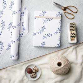 Papel De Presente Flores de Chinoiserie Azul e Branco