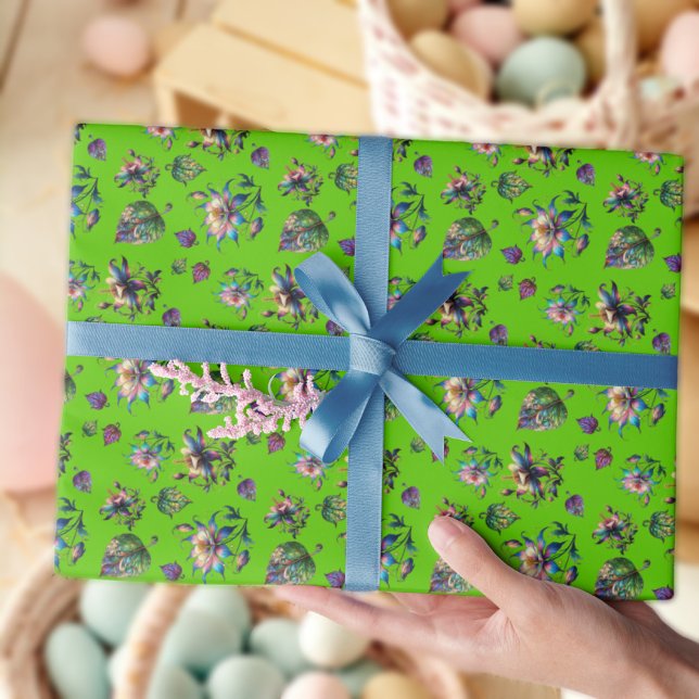 Papel De Presente Flores De Columbina De Vidro De Arte Verde Nouveau (Criador carregado)