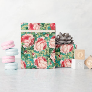 Papel De Presente Flores de cor d'água e Rosas vermelhas e Folhas Ve