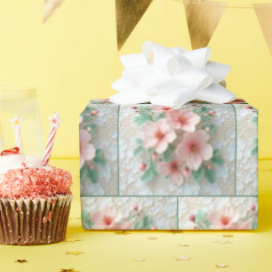 Papel De Presente Flores De Cosmos Rosa No Lace Branco