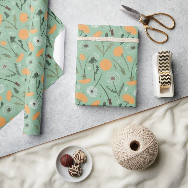 Papel De Presente Flores de Dente-de-Leão Padrão Floral Laranja (Artesanato)
