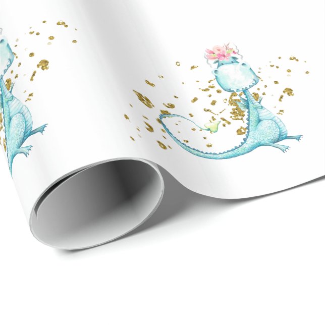 Papel De Presente *~* Flores De Dinossauros Azuis E Bonitos (Ponta do rolo)