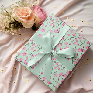 Papel De Presente Flores de Flor de Cerejeira Rosa e Verde Minúscula
