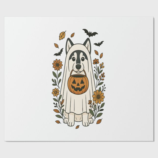 Papel De Presente Flores de Halloween Siberian Husky (Aberto)