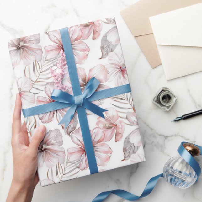 Papel De Presente Flores de Hibisco Rosa Aniversário (Presentear)