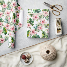 Papel De Presente Flores de Hibisco Rosa Tropicais
