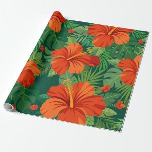 Papel De Presente Flores de Hibisco Vermelho Laranja Verde Folhagem 