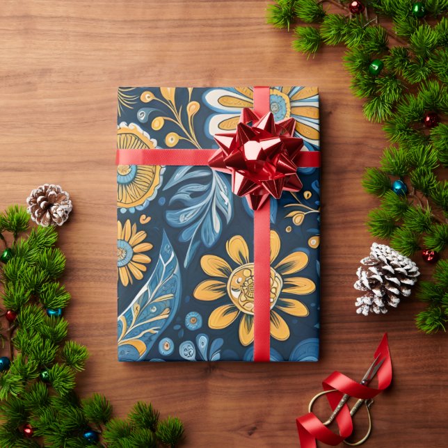 Papel De Presente Flores de Hipopia Retro Flores Design Amarelo Azul (Presente de Natal)