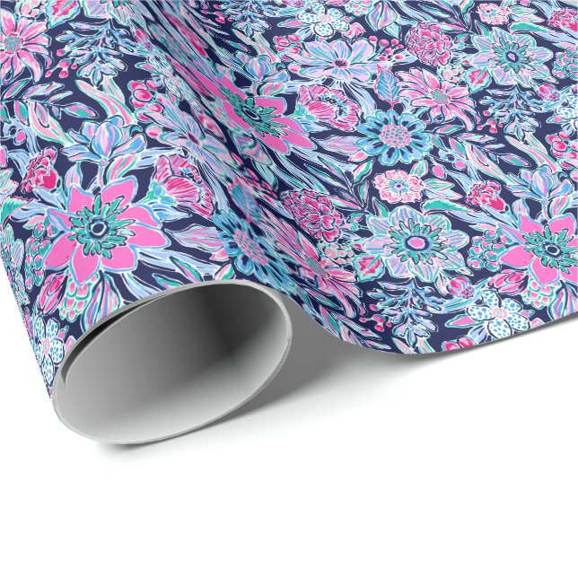 Papel De Presente Flores de Impressão azul e rosa na praia de Preppy (Ponta do rolo)