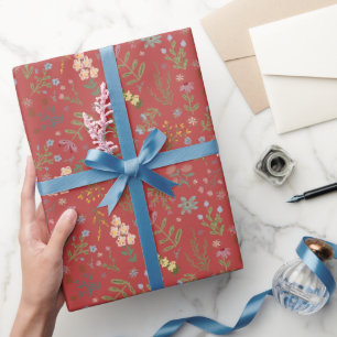 Papel De Presente Flores de Jardim de Campo Desenhadas à Mão em Verm